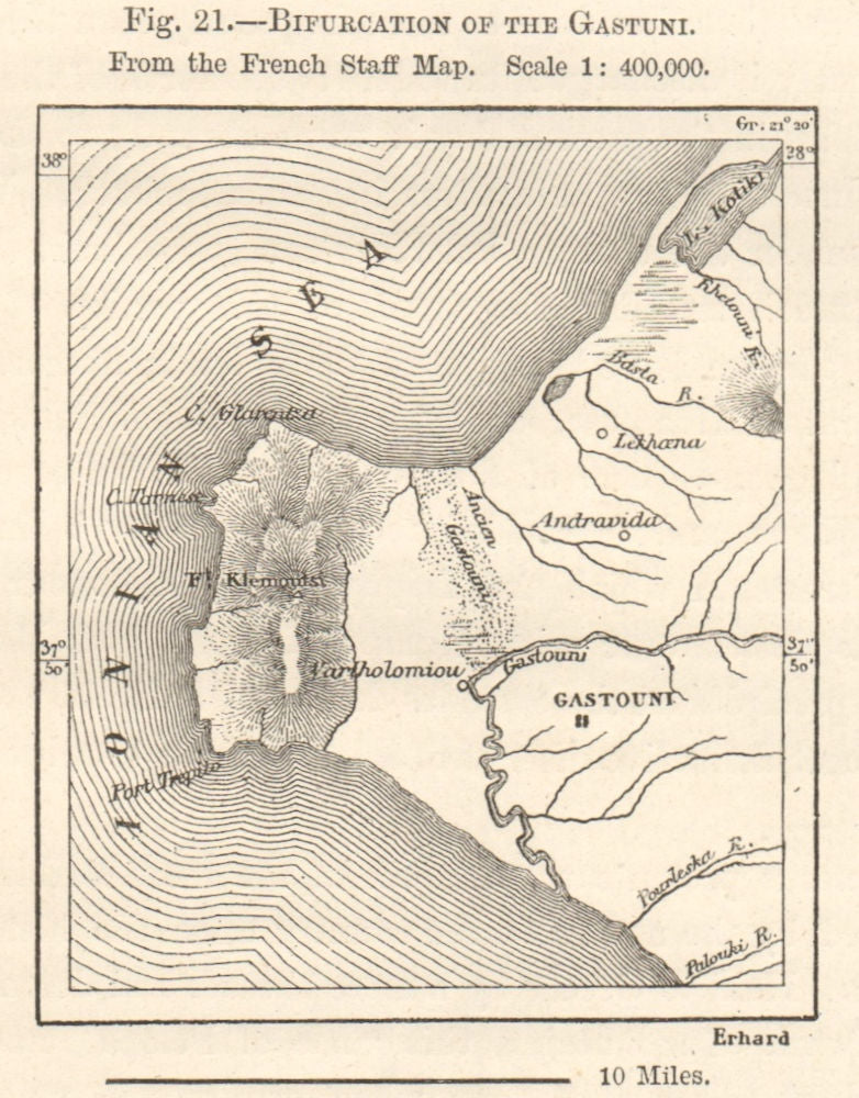 Bifurcation of Gastuni / Gastouni. Greece sketch map. SMALL 1885 old